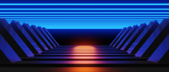 abstract backgound video game of esports scifi gaming cyberpunk, vr virtual reality simulation and metaverse, scene stand pedestal stage, 3d illustration rendering, futuristic neon glow room © issaronow