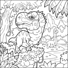 cute cartoon prehistoric dinosaur tyrannosaurus, coloring book for children, outline illustration