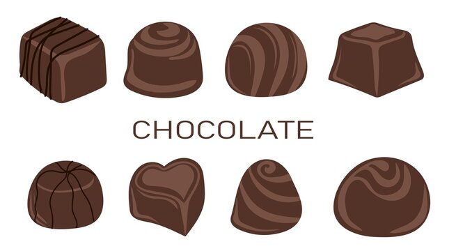 Chocolate candies and comfits sweets on a white background. Sweet foods. Hand drawn Vector illustration.