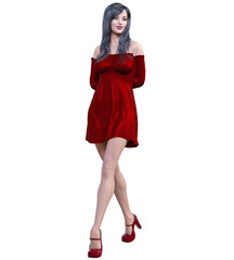 Beautiful brunette woman red short dress.