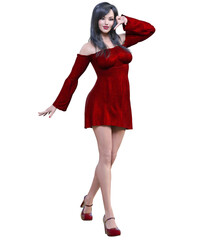 Beautiful brunette woman red short dress.