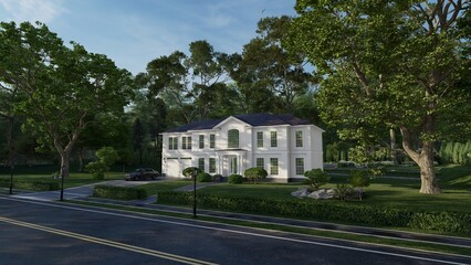 House project. Cottage design in 3D graphics. The facade is made in the style of Neoclassicism Architecture. Located among large trees in the suburbs. 3d rendering.