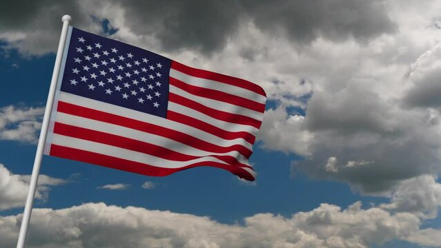 USA flag flutters in the wind against the background of fast flying clouds, 3d render