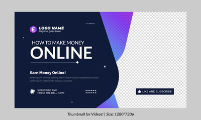 Editable thumbnail template for videos and all social platforms. Premium thumbnail for videos editable Premium Vector, customizable thumbnails. Fully customizable make money online thumbnail