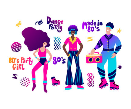 80s party people cartoon gradient character set and lettering collection. Vector illustration