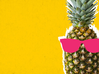 Contemporary art collage of pineapple wearing sunglasses on bright background