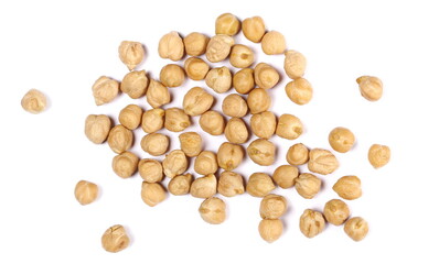 Raw chickpeas pile isolated on white, top view  