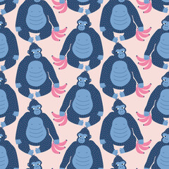 Happy blue gorillas and bananas hand drawn vector illustration. Funny safari animals seamless pattern for kids fabric or wallpaper.