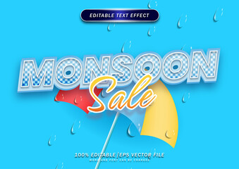 Monsoon Sale editable text effect background. with rain drop and umbrellas for seasonal shopping.