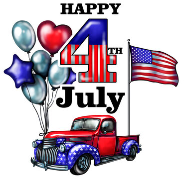 4th of July Illustration with patriotic red truck. Independence day party decor