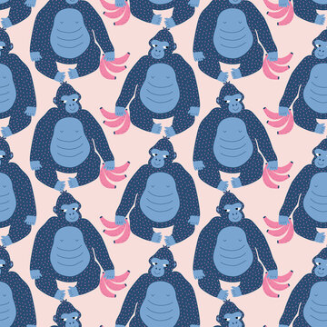 Happy blue gorillas and bananas hand drawn vector illustration. Funny safari animals seamless pattern for kids fabric or wallpaper.