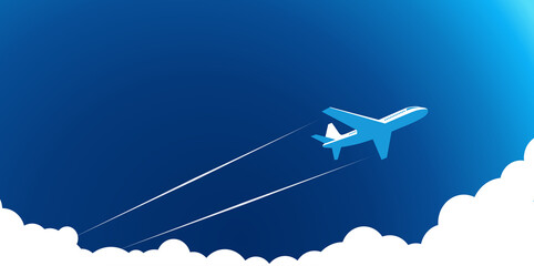 Air plane flies in the blue sky above the clouds, leaving trail behind it. Illustration, vector - obrazy, fototapety, plakaty