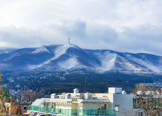 Panoramic view of the snowcapped Vitosha mountain and the Kopitoto peak in Sofia, Bulgaria.
