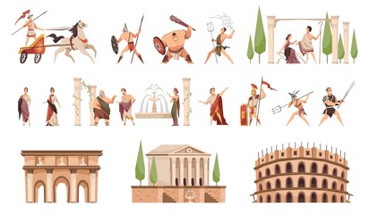 Plakat Ancient rome. Fighters with weapons and civilians, architectural monuments, columns and fountain, coliseum and amphitheater, characters in history traditional clothes vector cartoon flat set