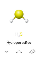 Hydrogen sulfide, ball-and-stick model, molecular and chemical formula. Chemical compound with formula H2S. Trace amounts of the gas in ambient atmosphere has characteristic foul odor of rotten eggs.