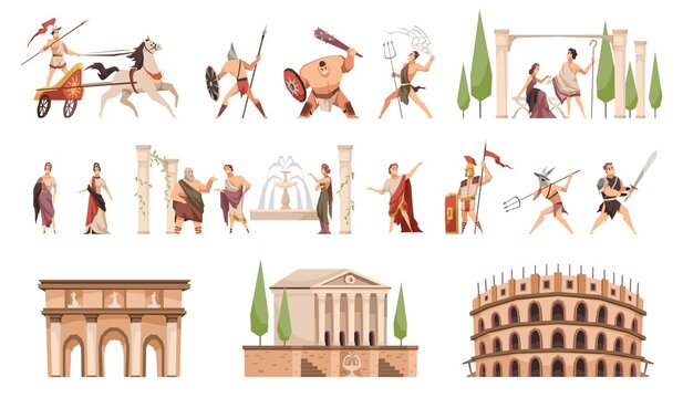 Ancient rome. Fighters with weapons and civilians, architectural monuments, columns and fountain, coliseum and amphitheater, characters in history traditional clothes vector cartoon flat set