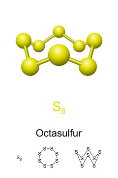 Octasulfur, ball-and-stick model, molecular and chemical formula. Also cyclo-octasulfur, cyclooctasulfane and octathiocane. Inorganic chemical with formula S8 and crown structure. Allotrope of sulfur.