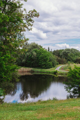 Fototapeta na wymiar Green forest nature river landscape scene reflective water