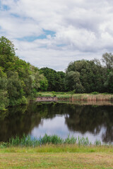 Green forest nature river landscape scene reflective water