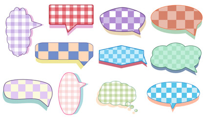 collection of the blank aesthetic checkerboard gingham speech bubble, conversation box, chat box, speak balloon, thinking balloons on white background