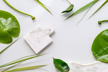 Mockup with place for product on marble board. Water lily and sedge leaves on off white background....