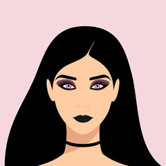 Portrait of a young gothic woman with long black hair, purple eyes and smoky makeup