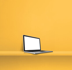 Laptop computer on yellow shelf. Square background