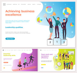 Essential leadership skills, achieving business excellence, team work and workplace efficiency concept. Business website landing page template. Desire to achieve victory, reach success in work