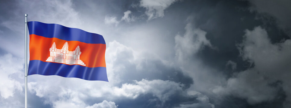 Cambodian flag on a cloudy sky - Powered by Adobe
