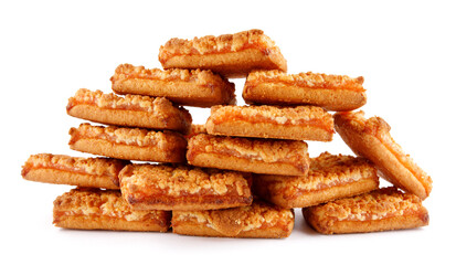 Orange cookies. Cookies with orange filling . The orange cookie tower is isolated on a white background .
