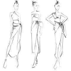 Sketch Fashion Illustration on a white background Woman in  a crop tops,sarong skirt
