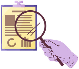 Board with clip for holding sheets in place. Office stationery in human hand. Magnifying glass or lens to look at text on pad. Person with loupe looking at data clipboard vector illustration
