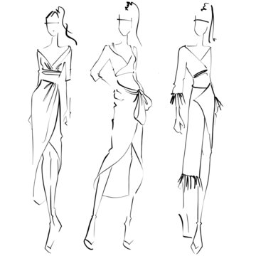 Sketch Fashion Illustration on a white background Woman in  crop tops,sarong skirt
