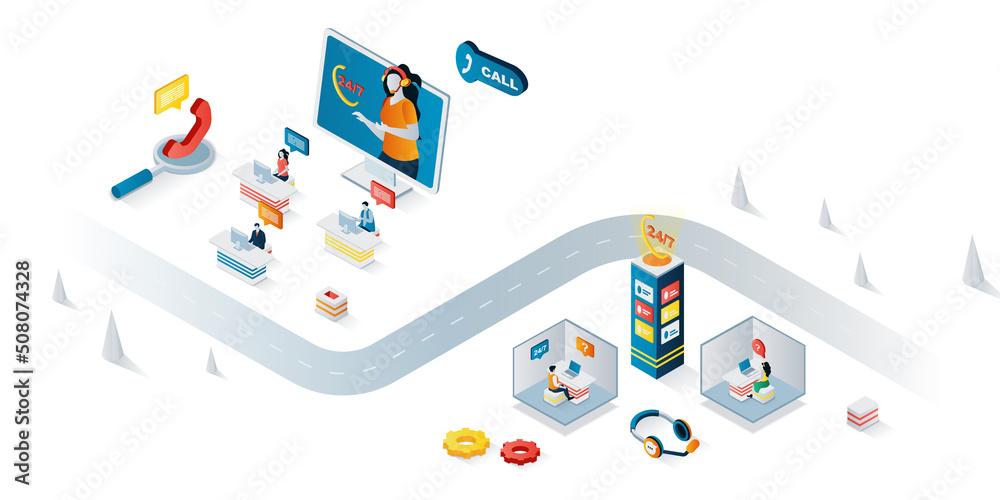 Poster Call center concept 3d isometric web banner. People work at hotline, consultation customers around the clock, tech support solves problems. Vector illustration for landing page and web template design