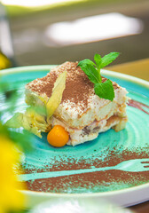 Tiramisu on a plate in a cafe. Selective focus.