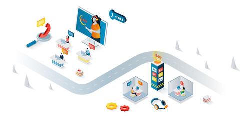 Call center concept 3d isometric web banner. People work at hotline, consultation customers around the clock, tech support solves problems. Vector illustration for landing page and web template design