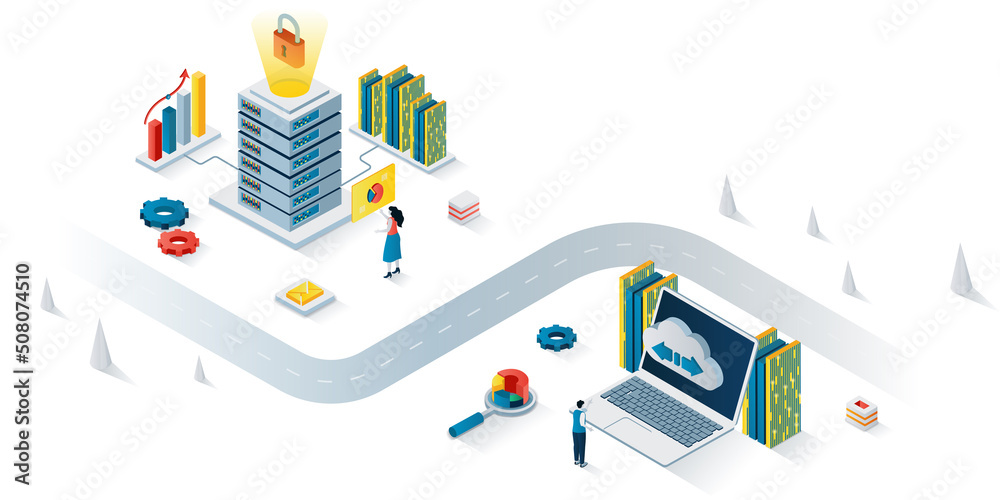 Aufkleber data center concept 3d isometric web banner. people working in server hardware rooms, administration