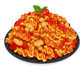 Italian fusilli pasta noodles with mushroom and tomato. Italian noodles food recipes. Healthy pasta spaghetti noodles menu close up illustration vector.