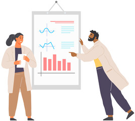 Search for solutions, scientific analysis concept. Man looking at statistical chart. Scientist works with data analytics and research of statistics. Person with magnifying glass analyzes diagram