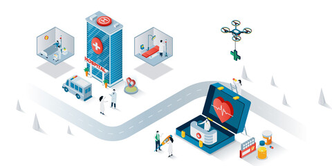 Medical center concept 3d isometric web banner. People go in clinic, receive consultation, patients lying in ward or surgery, ambulance. Vector illustration for landing page and web template design