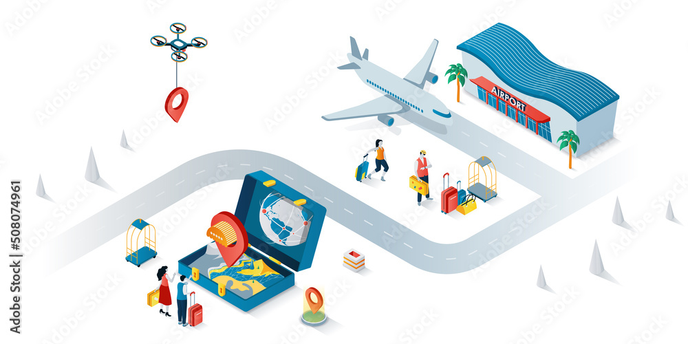 Poster travel vacation concept 3d isometric web banner. people with luggage go on trip, choosing direction 