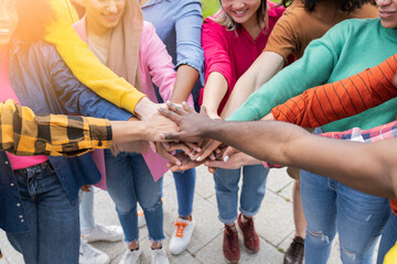multiracial teenage friends standing together in cooperation, Group of Diverse Hands