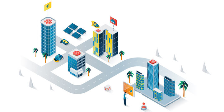 Smart city concept 3d isometric web banner. People use wireless monitoring, security system, smart navigation, eco friendly infrastructure. Vector illustration for landing page and web template design