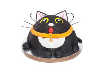 Delicious chocolate cake Black cat decorated with marzipan mastic isolated on white background