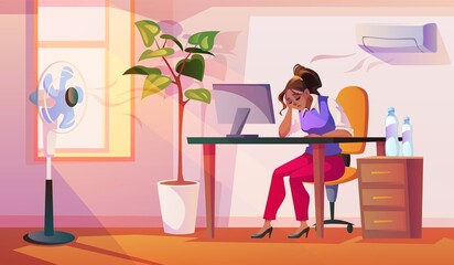 Suffering from heat. Funny woman sits at workplace under air conditioner with fan, high temperature, office cooling, heat stroke indoors, summer time season vector cartoon flat concept