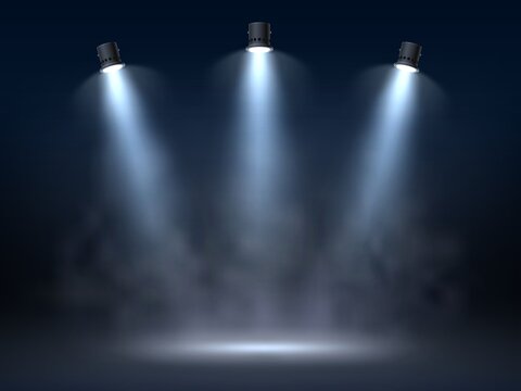 Spot light interior. Realistic directed light streams, illuminated fog, theatre scene or concert club searchlights beams, cold temperature rays, presentation studio, vector background