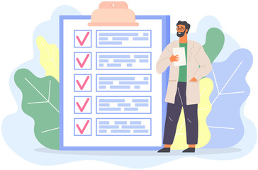 Medical worker or researcher holding document list. Scientist with standing near clipboard with data on paper sheet. Male character or chemistry student. Research into scientific project concept