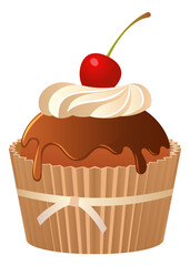 Chocolate cupcake. Cute homemade dessert with vanilla and cherry. Muffin with cream, sugar brown cake for cafe menus, confectionery and pastries, delicious food, vector isolated element