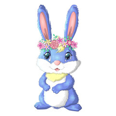 Cartoon rabbit, hare with flowers. Cute childish character, Easter, spring, symbol of 2023 Chinese New Year