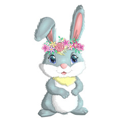 Cartoon rabbit, hare with flowers. Cute childish character, Easter, spring, symbol of 2023 Chinese New Year